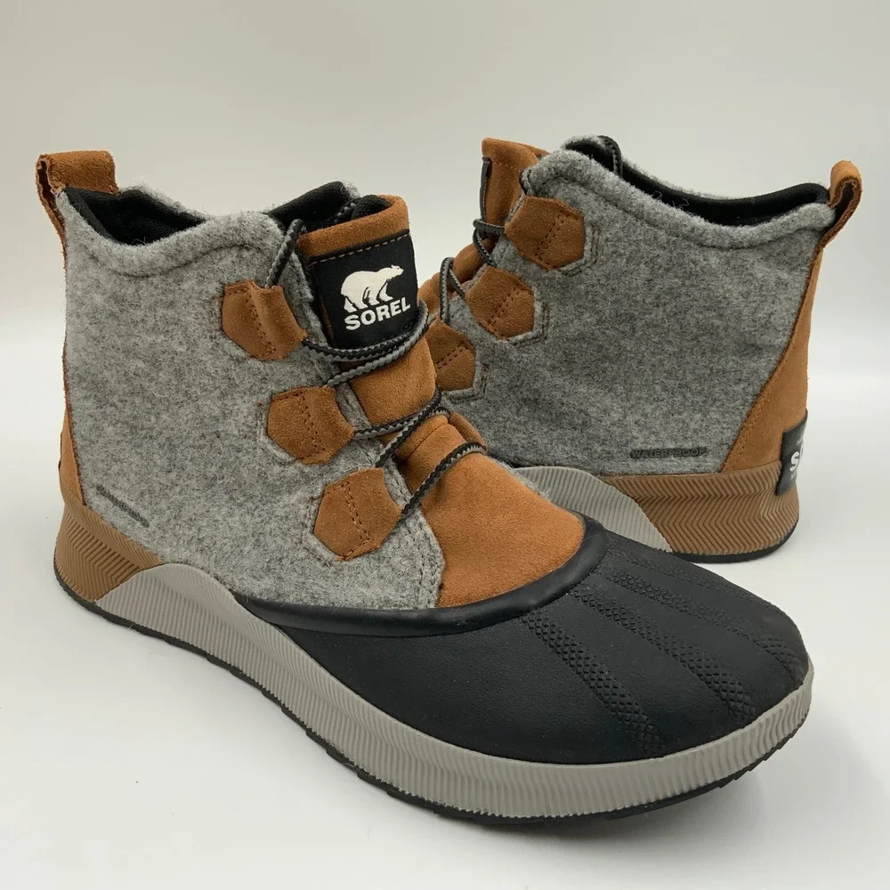 Sorel Out N About III Classic Waterproof Duck Boots Grey Tan Suede Felt Womens